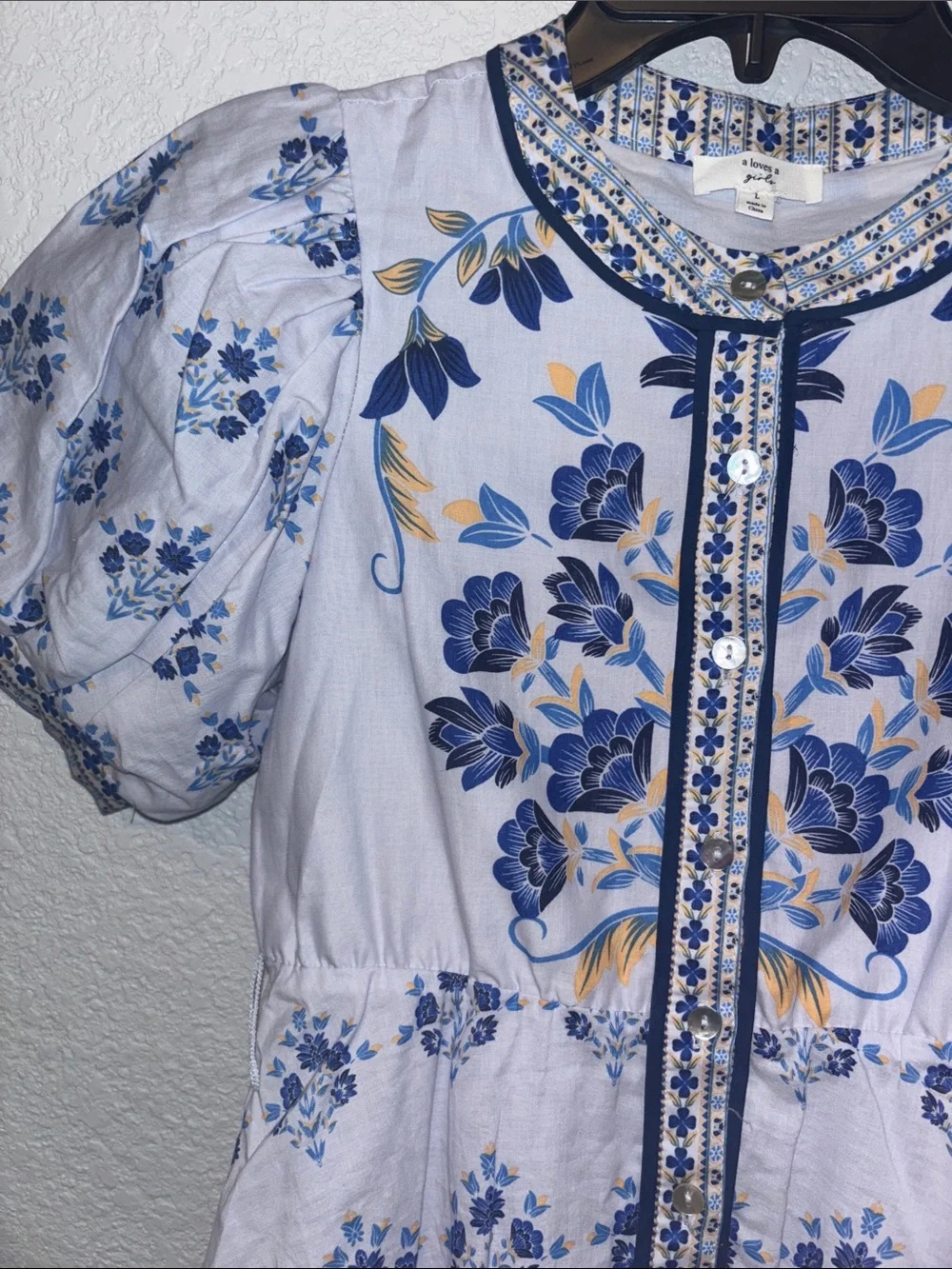 A Loves A Blue Floral Puff-Sleeve Kids Dress
